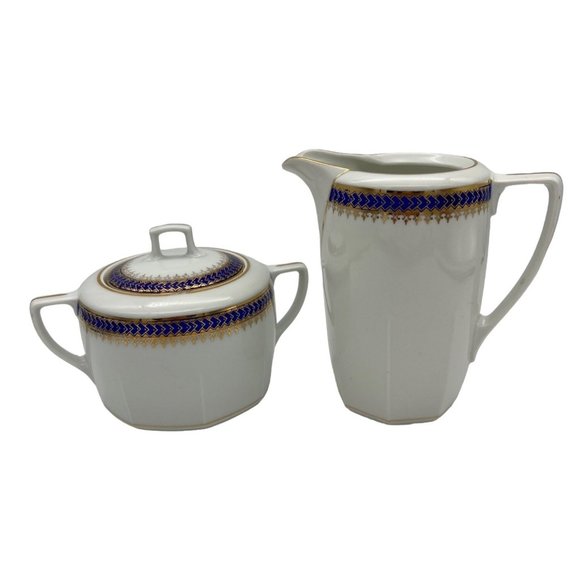Vintage Sugar Bowl w/ Lid & Creamer Czechoslovakia 175G Blue and Gold Pattern - Picture 1 of 12